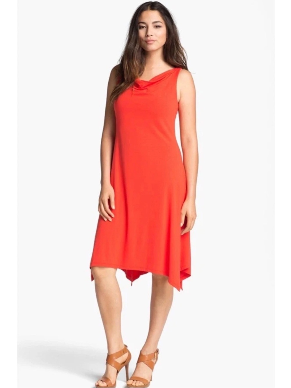 Eileen Fisher Women’s Firefly Viscose Jersey Cowl Neck Dress Asymmetric Orange L